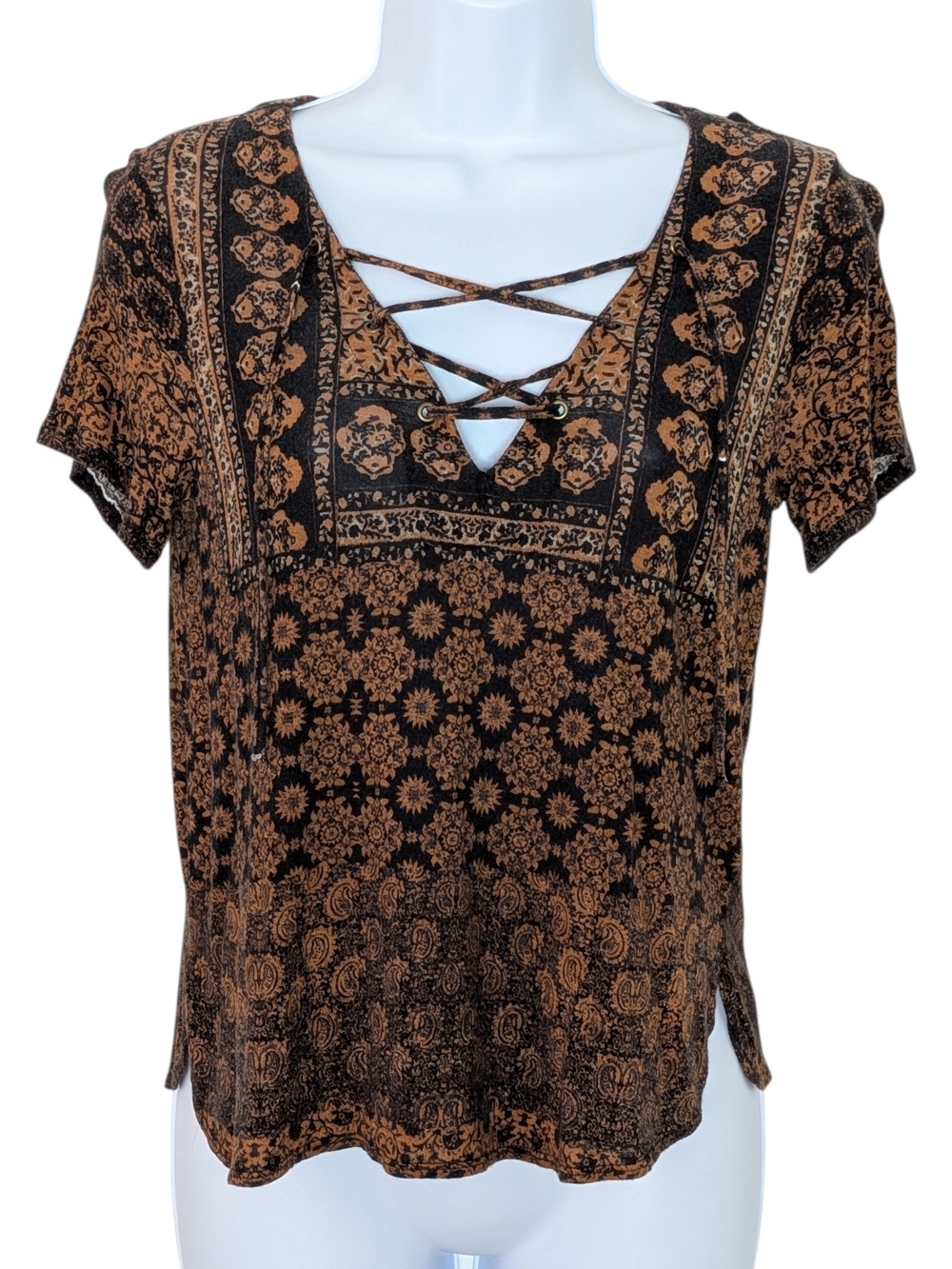 Patrons of Peace Black and Brown Lace-Up Printed Short Sleeve Top